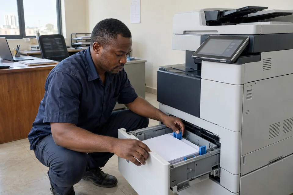 Technician checking an office copier paper tray